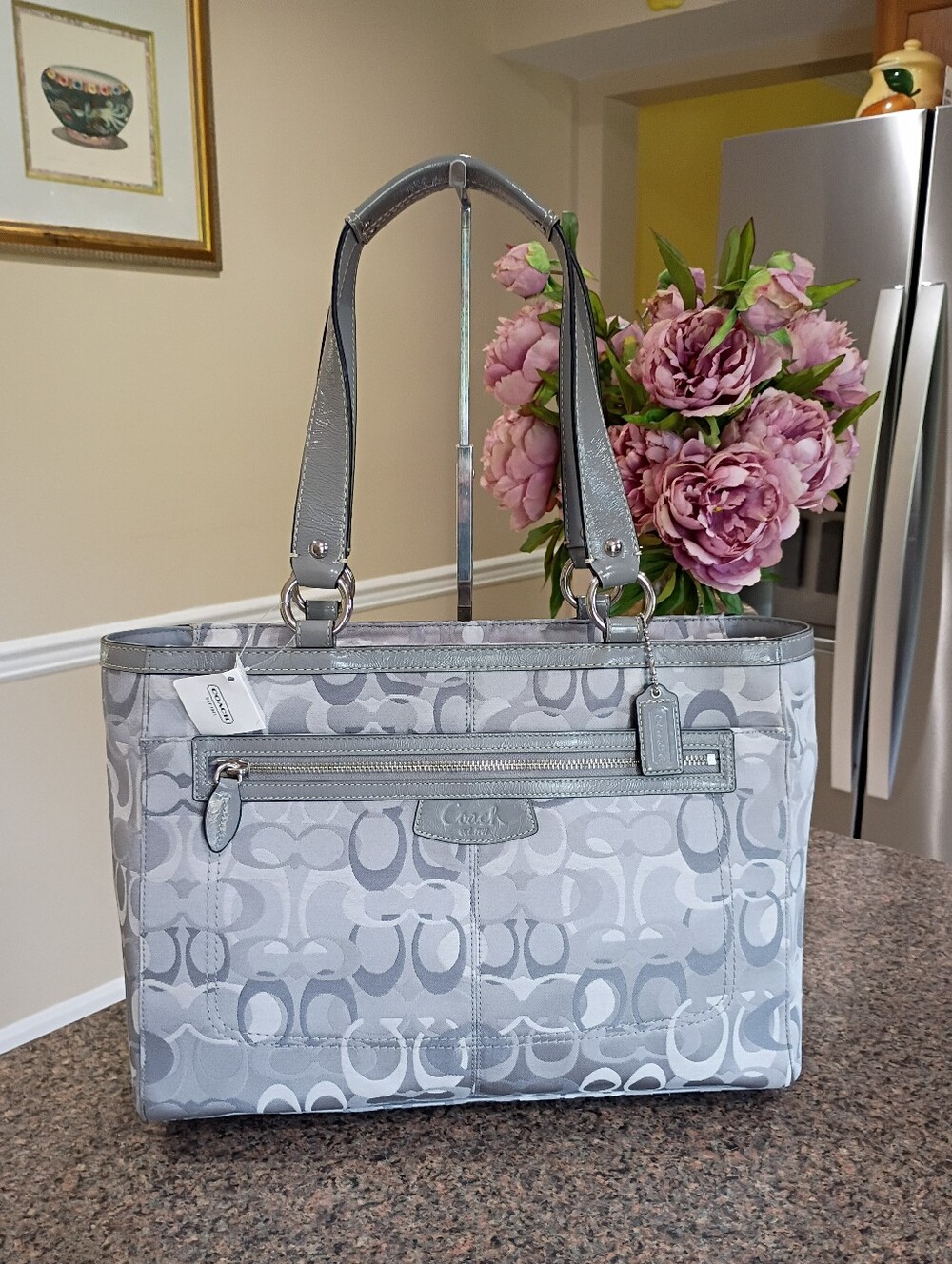 NWT Coach  Silver Gray Signature Jacquard Tote